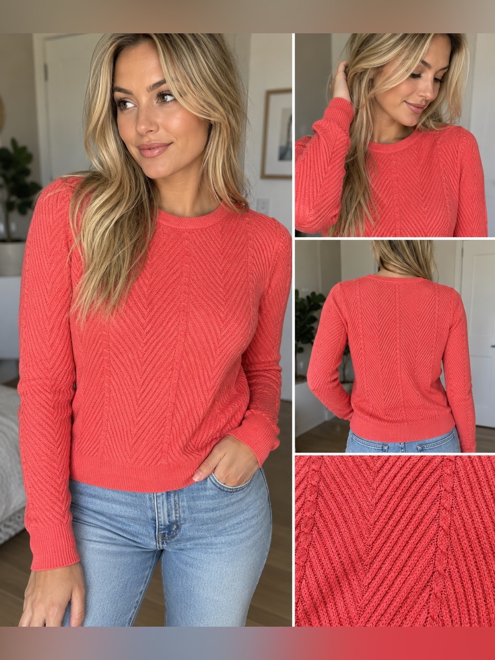 🍓 Banana Republic Coral Linen-Blend Chevron Knit Sweater | S/P